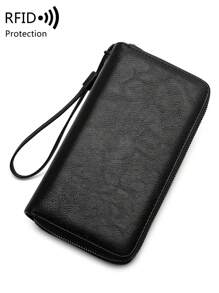 MIYIN 男士简约纯色 RFID 屏蔽拉链钱包带腕带，时尚双层人造皮革手提包大容量多功能手拿包，可装信用卡/身份证/钱/现金/护照复古包礼物情人节钱包情人节黑包贴纸包冬季情人节礼物复古学院运动生活男士钱包度假礼品包包手提包 - 黑色 - 查看 3