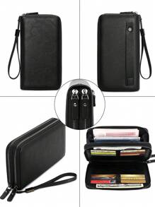 MIYIN 男士简约纯色 RFID 屏蔽拉链钱包带腕带，时尚双层人造皮革手提包大容量多功能手拿包，可装信用卡/身份证/钱/现金/护照复古包礼物情人节钱包情人节黑包贴纸包冬季情人节礼物复古学院运动生活男士钱包度假礼品包包手提包 - 黑色 - 查看 7