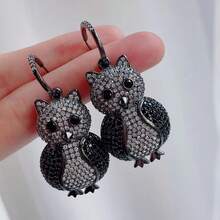 1pair Black Industrial Owl Design Earrings With Micro-Embedded Rhinestones, Perfect For Daily Wear For Women - Black - View 5