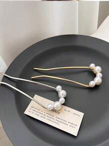 2pcs Faux Pearl U-Shaped Metal Hairpin Set, Suitable For Daily Wear - Multicolor - View 1