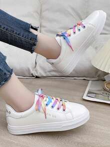 Colorful Shoelaces Women's New 2024 Gradient Color Canvas Shoes All-Match Rainbow Shoelaces, Multicolor - White - View 3