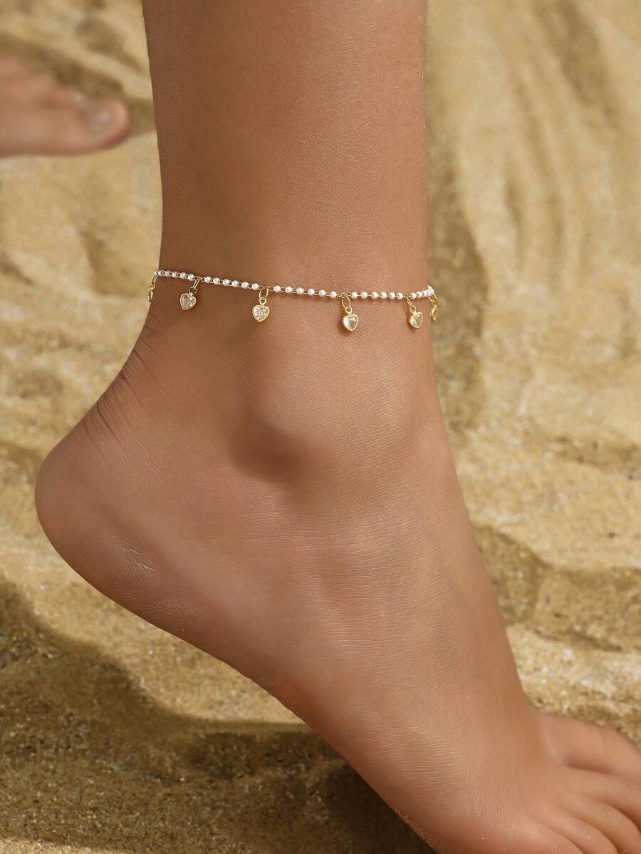 1pc Bohemian Style Sweet Pearl Heart & Waterdrop Decor Anklet For Women, Perfect For Vacation, Date, Festival Gift - Yellow Gold - View 1