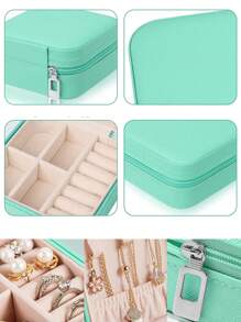 1pc Jewelry Box, Women's Jewelry Storage Box, Displays A-Z Initial Patterns, Large Capacity Travel Jewelry Box, Multi-Layer, Luxury Compartment Box, Multi-Function Mini Transparent Flip-Top Organizer, Jewelry Merchant Gift, Organizer Box For Women, Gift For Mom, PU Leather - Green - View 4