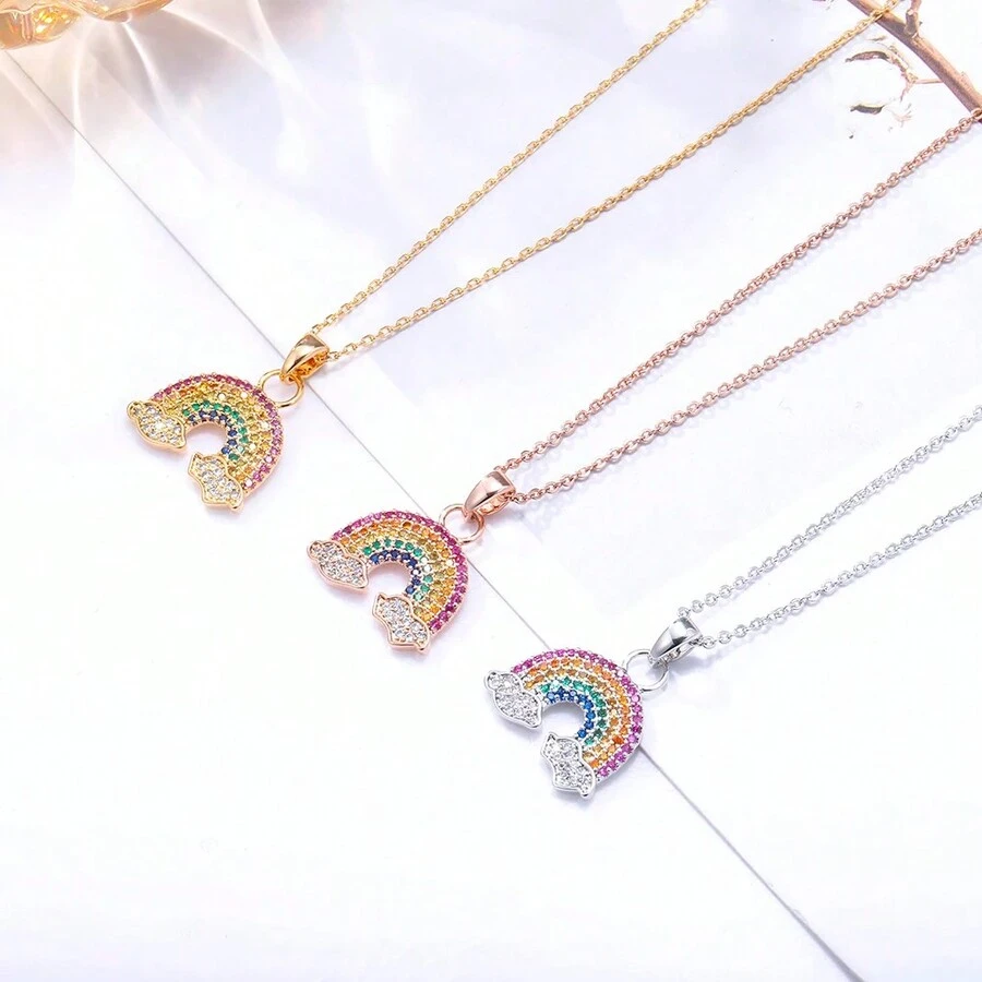 1 Pc Fashion Colorful Cubic  Rainbow Pendant Necklace For Women Collarbone Chain Party Gifts Wedding Jewelry - Rainbow - View 1