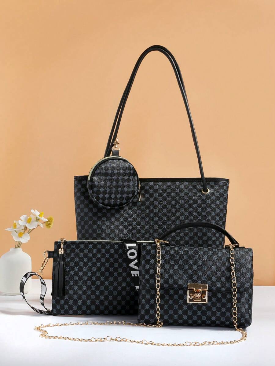 时尚黑钻石网格包包套装！包括手提包、单肩斜挎包、配套链条，百搭设计适合各种场合！ - 黑色 - 查看 1