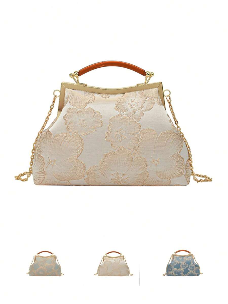 1個女士復古金色刺繡晚禮服包,旗袍風格手提包,適用於宴會、婚禮、舞會、手拿包或斜挎包,具有優雅的刺繡裝飾 - 金色 - 查看 1