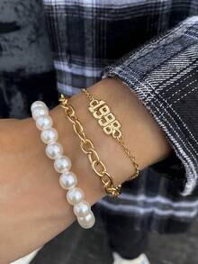 3入組簡單創意1998數字與珍珠裝飾手鐲套裝男士款,適合日常佩戴和節日禮物 - 金色 - 查看 2