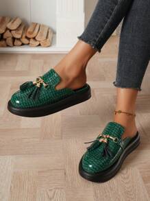 Vintage Crocodile Pattern Round Toe Thick Sole Mules For Outdoor Use - Dark Green - View 3