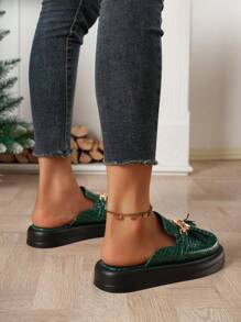 Vintage Crocodile Pattern Round Toe Thick Sole Mules For Outdoor Use - Dark Green - View 5