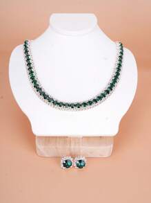 3入組女孩鑽石套裝方形耳釘及項鍊,現代高端優雅耳環,多功能鏈條,時尚豪華派對珠寶套裝,適用於節日和場合 - 彩色 - 查看 4