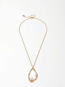 1pc Baroque Style Asymmetrical Circle Shaped Design Inlaid Pearl Pendant Necklace Suitable For Women's Daily Party Wear - Gold - View 2