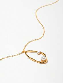 1pc Baroque Style Asymmetrical Circle Shaped Design Inlaid Pearl Pendant Necklace Suitable For Women's Daily Party Wear - Gold - View 4