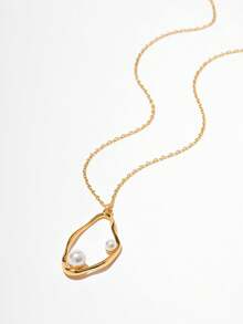 1pc Baroque Style Asymmetrical Circle Shaped Design Inlaid Pearl Pendant Necklace Suitable For Women's Daily Party Wear - Gold - View 3