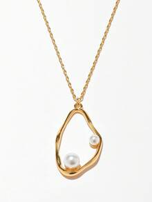 1pc Baroque Style Asymmetrical Circle Shaped Design Inlaid Pearl Pendant Necklace Suitable For Women's Daily Party Wear - Gold - View 5