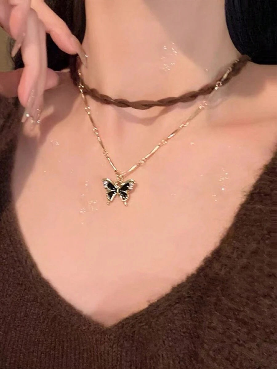 2入組meradi甜美酷風格雙層滴水蝴蝶項鍊,扭結韓國絲絨領圈配黑色油滴吊墜,女士專用 - 咖啡棕 - 查看 1