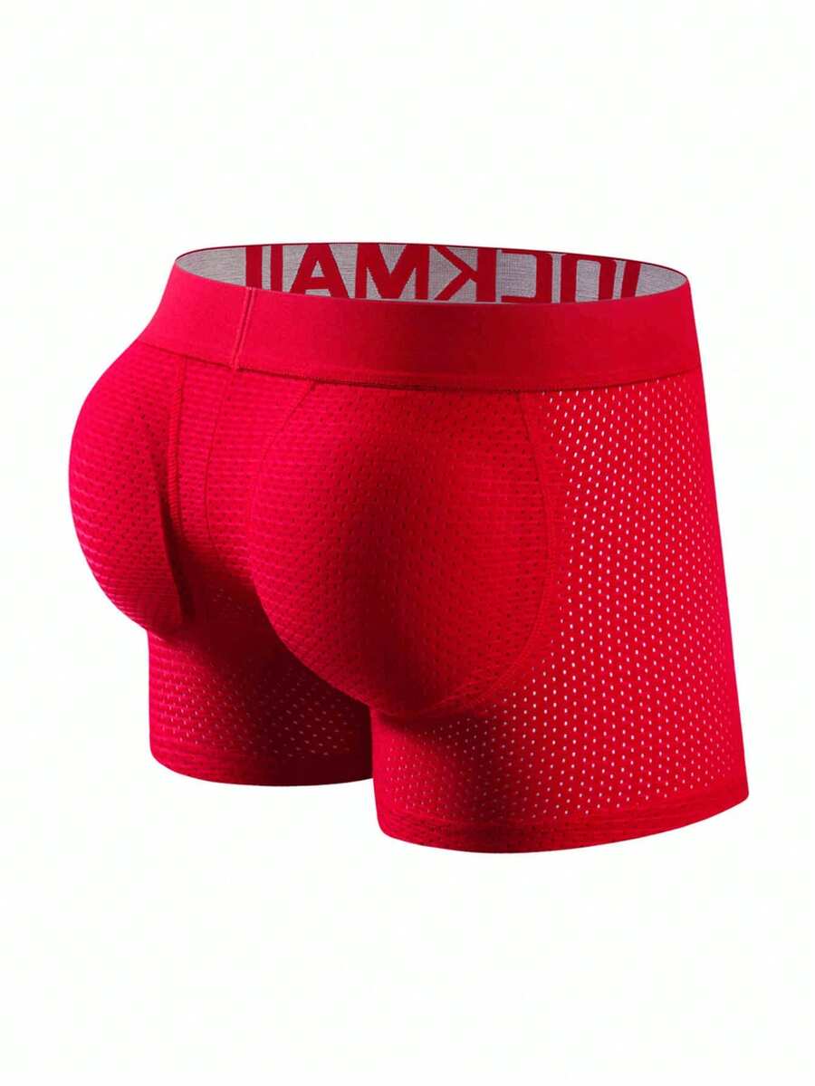 JOCKMAIL 1 pieza Bóxer largo de mailla para hombres con relleno de esponja para levantar glúteos y simular nalgas, estilo Square-Cut - Rojo - Ver 1
