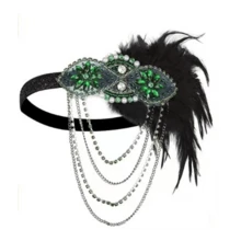 1 件女式復古 1980 年代水鑽額頭流蘇頭帶,帶有鏈條和羽毛,非常適合節日派對、服裝、舞蹈、化妝 - 綠色 - 查看 1