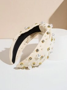 1pc Women'S Korean-Style Wide-Brim Pearl Headband - Beige - View 1
