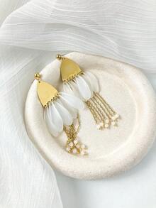 1pair Fashionable And Exquisite Stainless Steel Gold-Plated Colored Acrylic Tassel Dangle Earrings, Suitable For Women To Wear At Parties And As Holiday Gifts - Multicolor - View 1