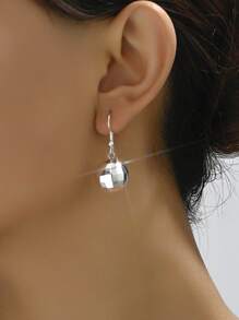 1pair Metallic Retro Stylish Simple Design Glass Ball Dangle Earrings, Perfect For Women's Daily Wear - Silver Ball - View 5