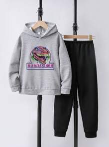 青少年男孩信封和恐龍印花連帽衫和褲子運動2件套裝 - 灰色 - 查看 1