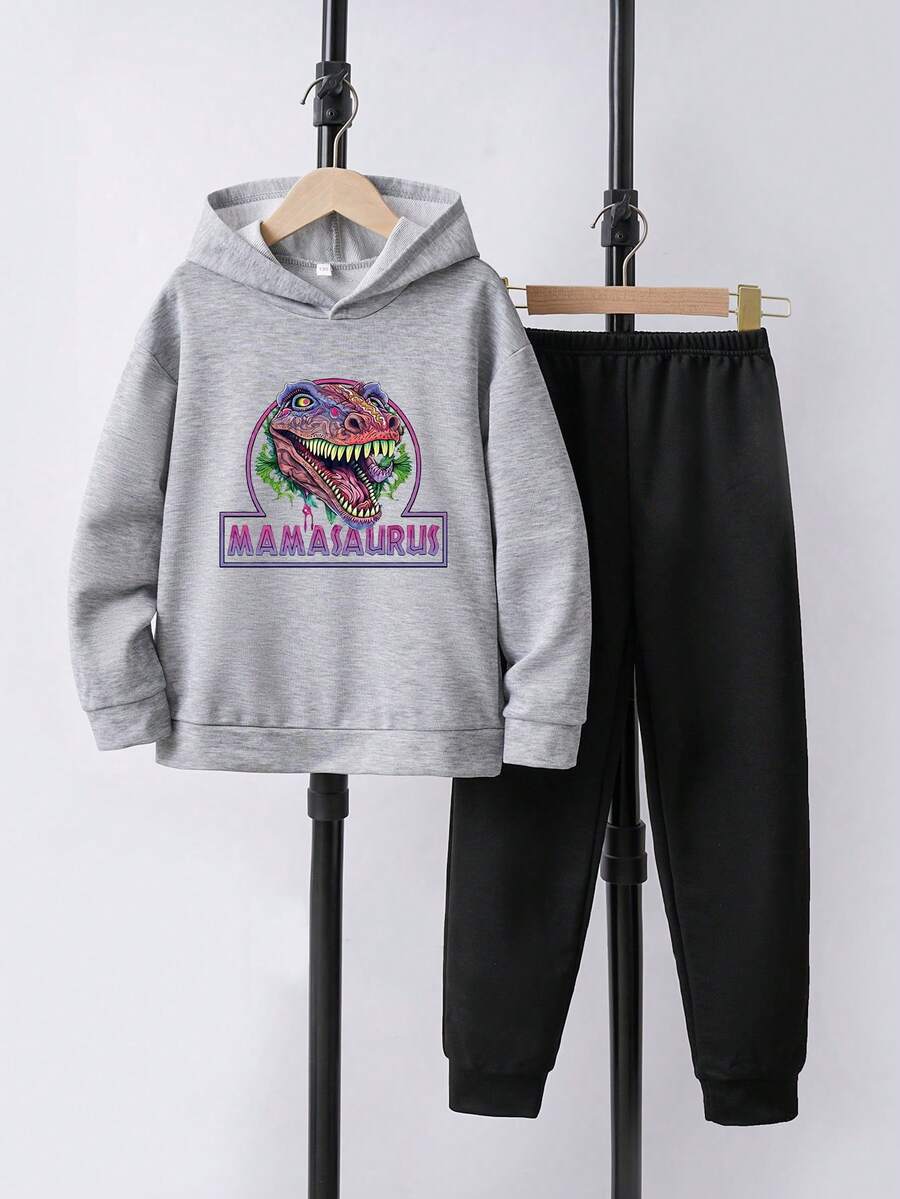 青少年男孩信封和恐龍印花連帽衫和褲子運動2件套裝 - 灰色 - 查看 1