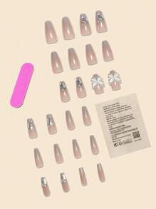 Upgrade Your Look With 24pcs Long Coffin 3D Butterfly Rhinestone Decor Full Cover Fake Nail Kit Press On Nails Nail Supplies - Multicolor - View 2