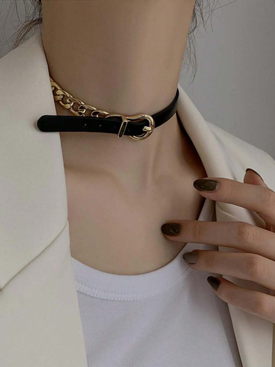 1入雙用皮革女士項鍊,ins風格,時尚短領,獨特設計,輕奢風 - 黑色 - 查看 1