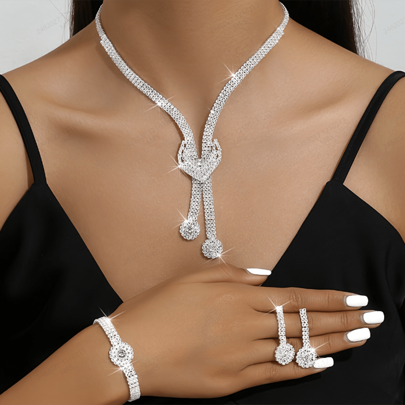 1 Set Fashionable And Luxurious Bare Full Drilled Long Heart & Tassel Necklace/Bracelet/Earrings Set Suitable For Ladies Valentines