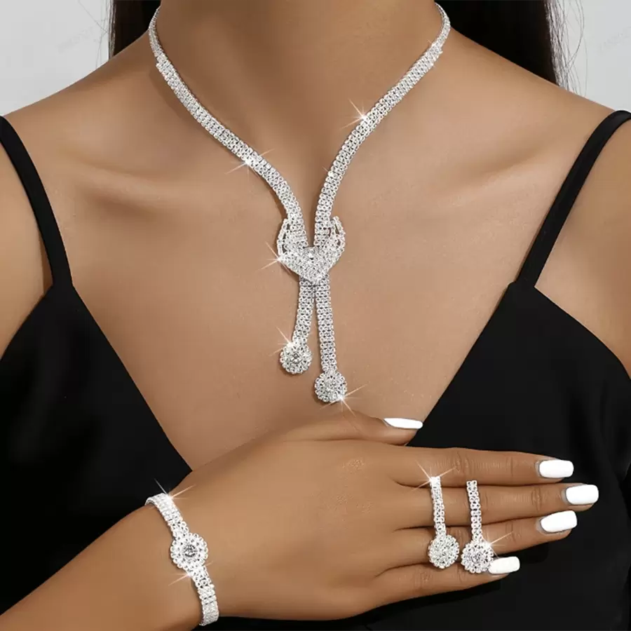 1 Set Fashionable And Luxurious Bare Full Drilled Long Heart & Tassel Necklace/Bracelet/Earrings Set Suitable For Ladies Valentines - Silver - View 1