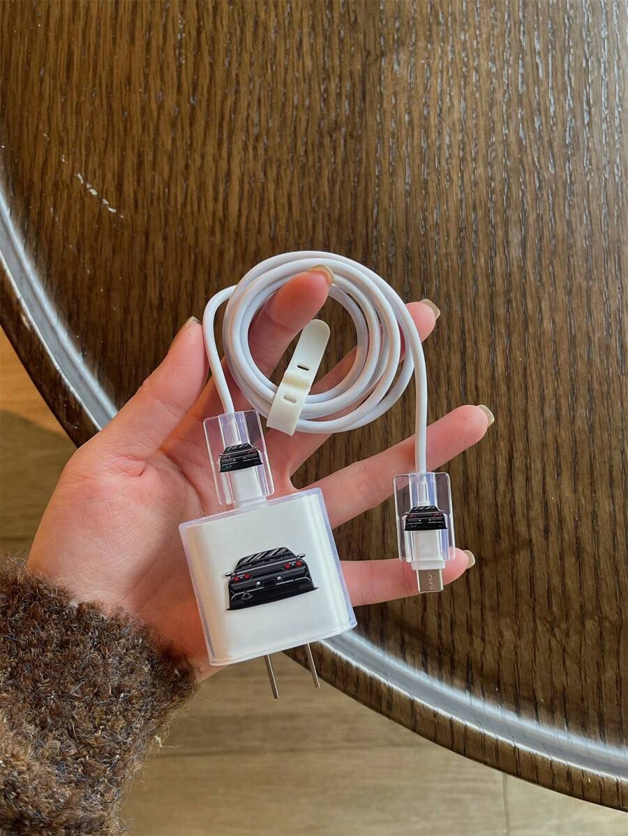 4入組透明TPU印花汽車圖案充電線保護套，適用於蘋果20W快充器 - 彩色 - 查看 1