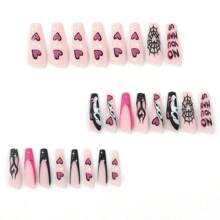 24pcs Wearable False Nails With Black/Pink/Spiderweb/ Ghost/Love/Fire Patterns, Including Jelly Glue And Nail File, Suitable For Women/Girls - Multicolor - View 3