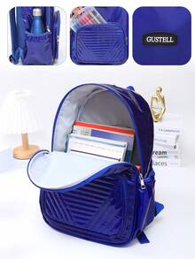1pc Unisex Solid Color Polyester Adjustable Strap Zipper Closure All-Match Simple Backpack, Suitable For School/Office/Travel - Blue - View 5