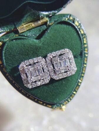 2pcs Square Cubic Zirconia Stud Earrings Silver Plated Earrings Party Bridal Wedding Couple Hip Hop Jewelry Gift For Wife Husband Valentine's Day