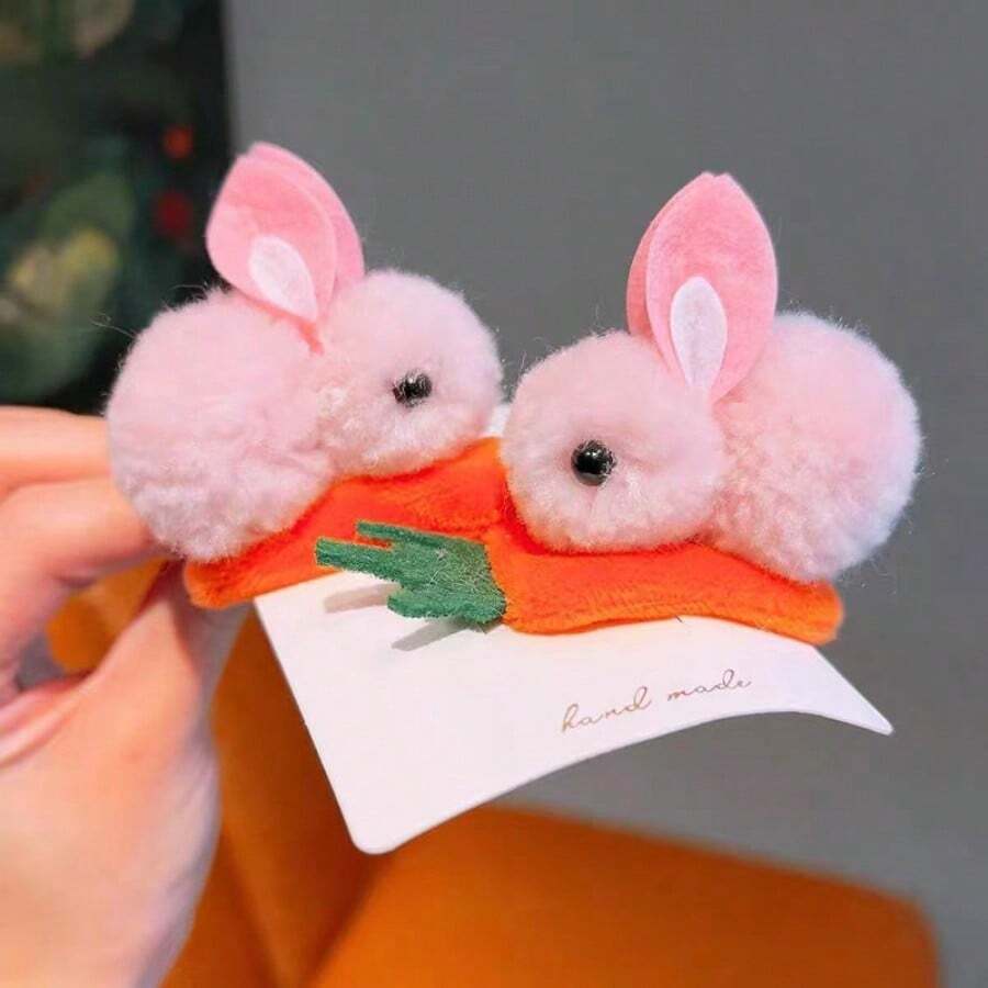 2pcs Baby Girls Cute Plush Rabbit Hair Clips, Princess Decorative Hair Accessories, Holiday Birthday Gift