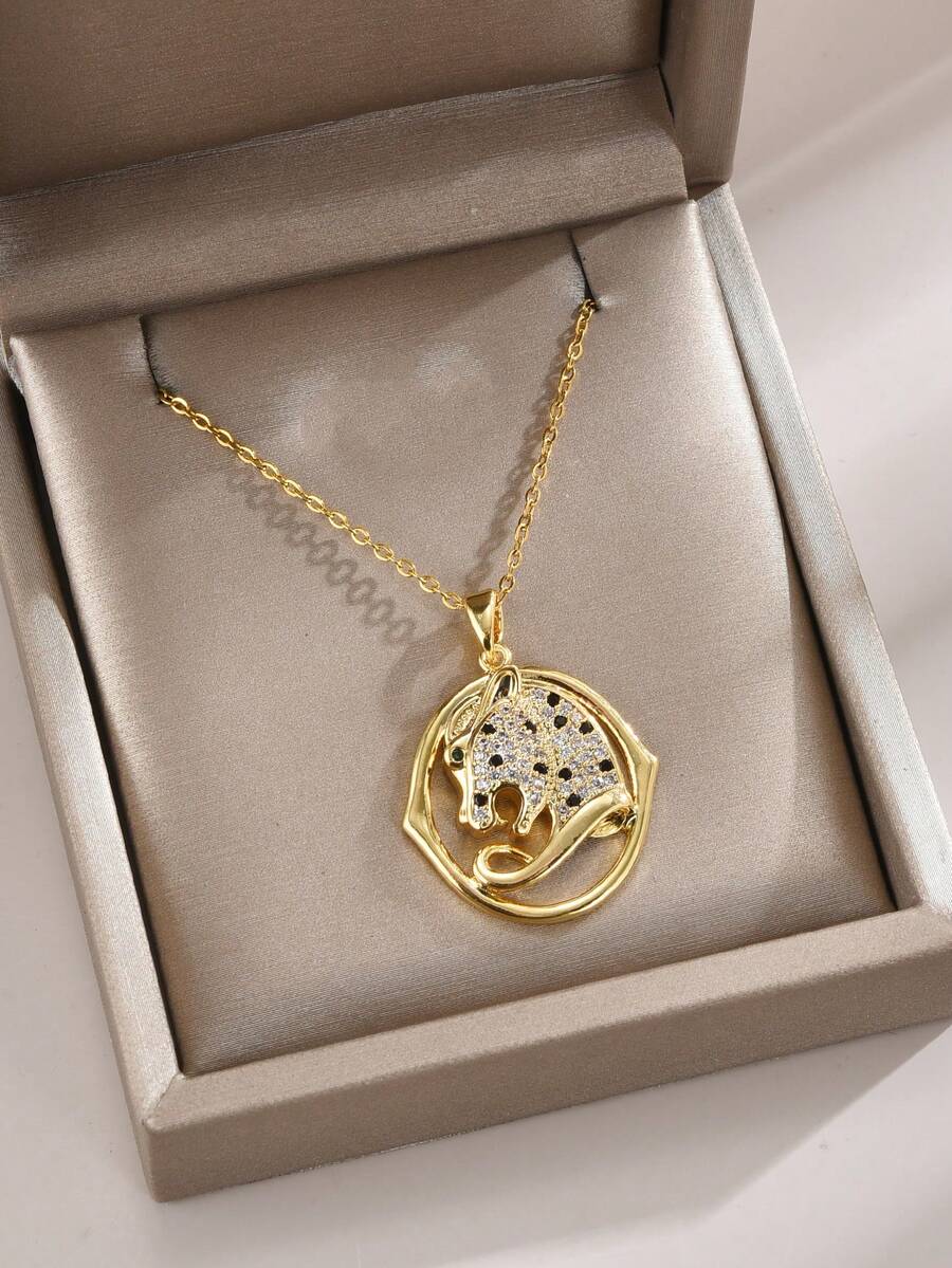 1pc Elegant Full Rhinestone Spotted Leopard Pendant Ladies Stainless Steel Necklace For Daily Wear - Gold - View 1