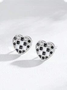 1pair 925 Sterling Silver Elegant Heart Black Enamel Diamond Grid Cubic Zirconia Stud Earrings For Women Valentine's Day Jewelry Gift - Silver - View 3