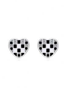 1pair 925 Sterling Silver Elegant Heart Black Enamel Diamond Grid Cubic Zirconia Stud Earrings For Women Valentine's Day Jewelry Gift - Silver - View 1