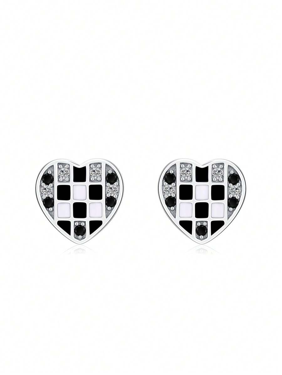 1pair 925 Sterling Silver Elegant Heart Black Enamel Diamond Grid Cubic Zirconia Stud Earrings For Women Valentine's Day Jewelry Gift - Silver - View 1