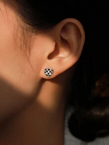 1pair 925 Sterling Silver Elegant Heart Black Enamel Diamond Grid Cubic Zirconia Stud Earrings For Women Valentine's Day Jewelry Gift - Silver - View 2