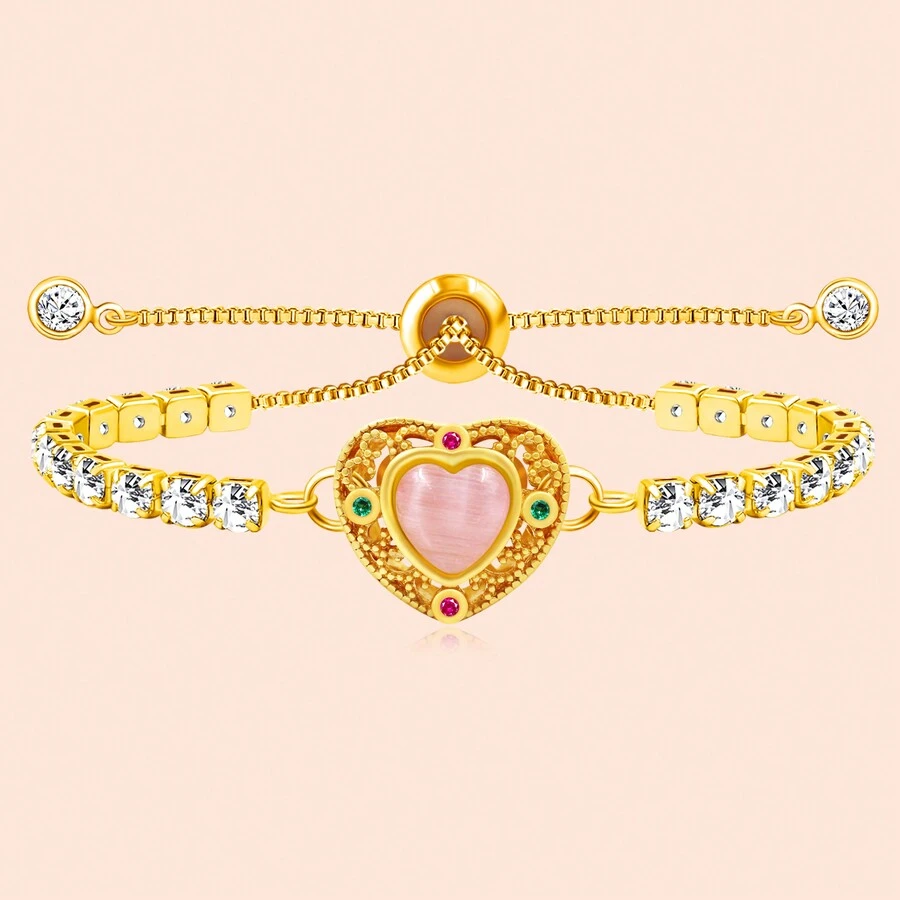 經典可調式滑鏈水晶網球手鍊鑲嵌愛心形狀粉紅貓眼石適合女孩最好的朋友生日禮物 - 粉色 - 查看 1