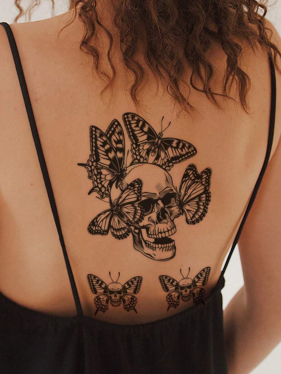 STARTTOOS 1pc Temporary Tattoo Sticker With Black And White Butterfly, Moth, Skull Pattern, Large Flower, For Arms, Chest, Abdomen, Back, Body - Black - View 1