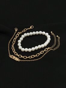 3入組簡單創意1998數字與珍珠裝飾手鐲套裝男士款,適合日常佩戴和節日禮物 - 金色 - 查看 6