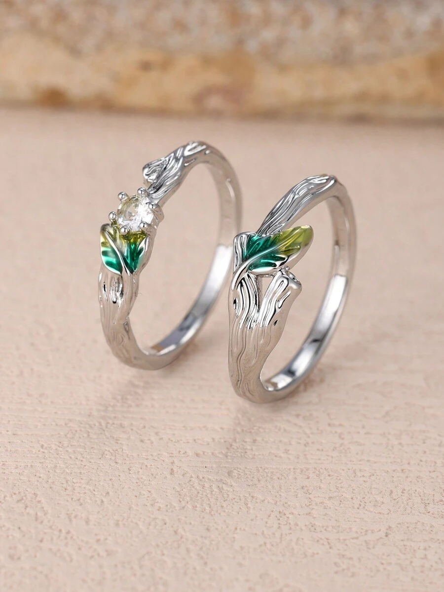 2入組華麗枝形立方氧化鋯鑲嵌戒指,適合女士的派對裝飾和佩戴 - 彩色 - 查看 1