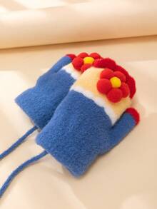 1pair 3-8 Years Old Children Cartoon Mittens Gloves For Winter Riding Warm Keeping With Flowers For Boys And Girls - Royal Blue - View 5