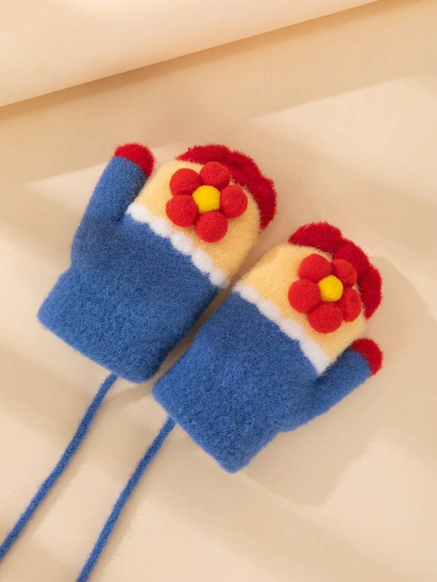 1pair 3-8 Years Old Children Cartoon Mittens Gloves For Winter Riding Warm Keeping With Flowers For Boys And Girls - Royal Blue - View 1