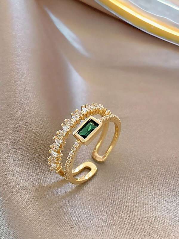 1pc Bridal Wedding Ring For Women; Adjustable Opening, One Size; Double Layer Design, Green Stone & Cubic Zirconia; Personalized, Luxurious, Gold-Tone; Suitable For Weddings, Parties, Daily Wear; Ideal Gift For Valentine'S Day Royal Halloween