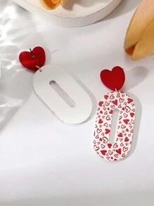 1對女士情人節長款中空心形聲明愛情印花聚合物粘土質感浪漫情侶亞克力耳環 - 彩色 - 查看 5