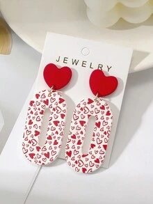 1對女士情人節長款中空心形聲明愛情印花聚合物粘土質感浪漫情侶亞克力耳環 - 彩色 - 查看 1