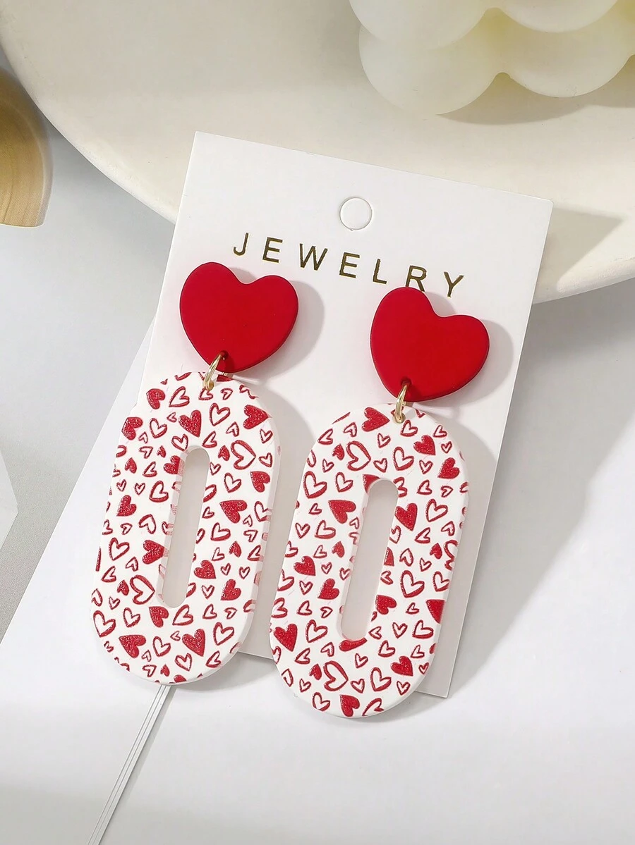 1對女士情人節長款中空心形聲明愛情印花聚合物粘土質感浪漫情侶亞克力耳環 - 彩色 - 查看 1